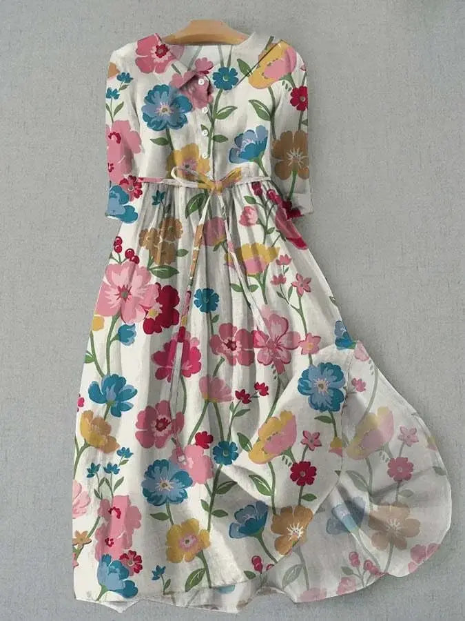 Sylvia - Button-Up Waist Tie Floral Dress